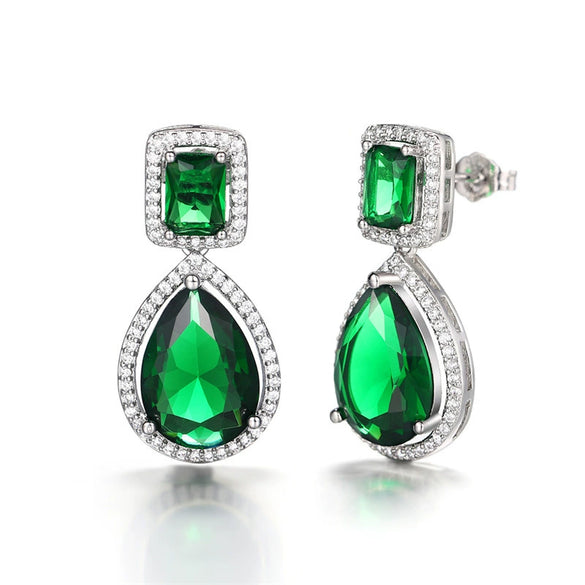 Wholesale Women's Light Luxury Copper Drop Shape Emerald Microinlaid Pearshaped Zircon Long Earrings