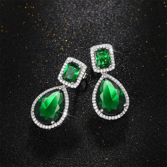Wholesale Women's Light Luxury Copper Drop Shape Emerald Microinlaid Pearshaped Zircon Long Earrings