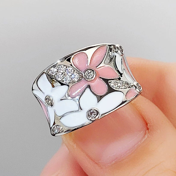 Wholesale Women's Light Luxury Copper Flower Microinlaid Zircon Ring With Dripping Oil Treatment