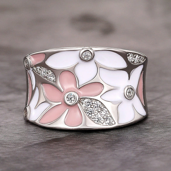 Wholesale Women's Light Luxury Copper Flower Microinlaid Zircon Ring With Dripping Oil Treatment