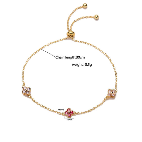 Wholesale Women's Light Luxury Copper Inlaid Colored Diamond Four Leaf Clover Pull Bracelet With Zirconia And Flower Design