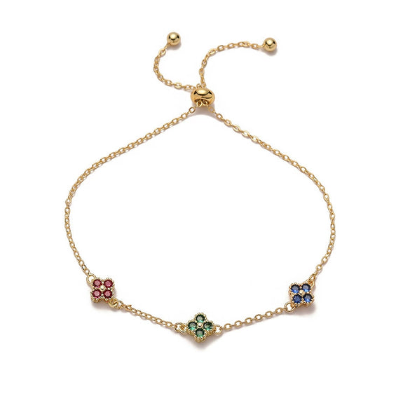 Wholesale Women's Light Luxury Copper Inlaid Colored Diamond Four Leaf Clover Pull Bracelet With Zirconia And Flower Design