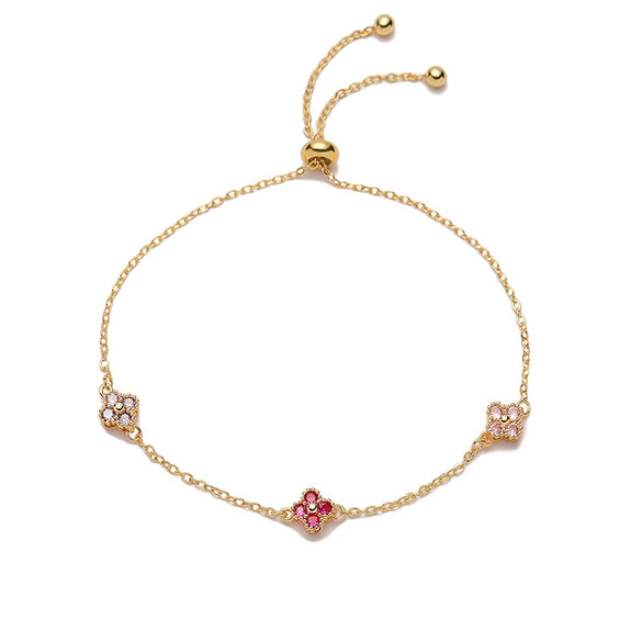Wholesale Women's Light Luxury Copper Inlaid Colored Diamond Four Leaf Clover Pull Bracelet With Zirconia And Flower Design