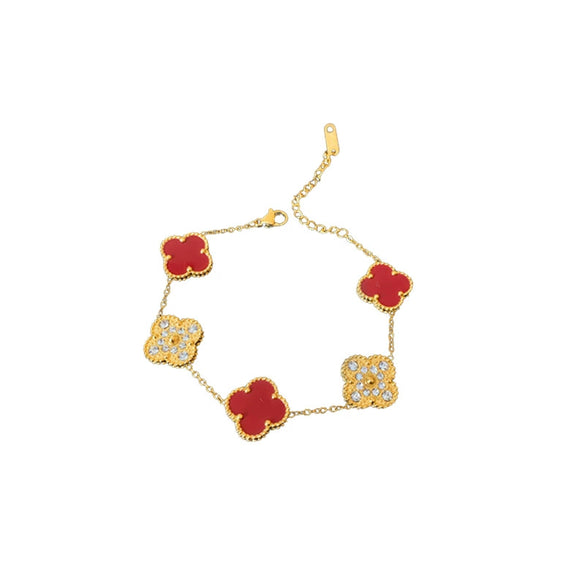 Wholesale Women's Light Luxury Copper Real Gold Electroplated Fourpetal Fritillaria Zircon Bracelet With Flower And Leaves Pattern