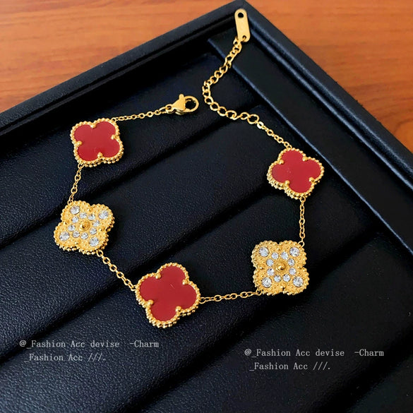 Wholesale Women's Light Luxury Copper Real Gold Electroplated Fourpetal Fritillaria Zircon Bracelet With Flower And Leaves Pattern