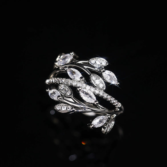 Wholesale Women's Light Luxury Copper Ring With Intertwined Leaves And Zircon Flowers