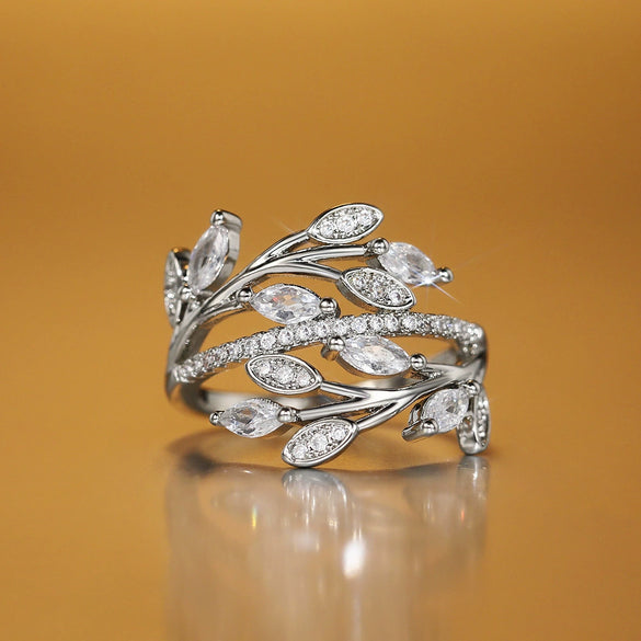 Wholesale Women's Light Luxury Copper Ring With Intertwined Leaves And Zircon Flowers