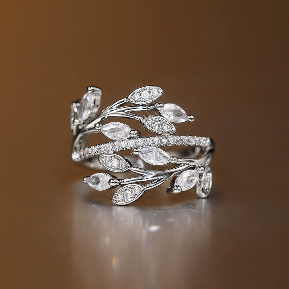 Wholesale Women's Light Luxury Copper Ring With Intertwined Leaves And Zircon Flowers