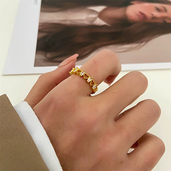 Wholesale Women's Light Luxury Copper Ring With Microinlaid Zircon Heartshaped And Hollow Design Electroplated