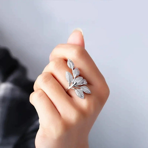 Wholesale Women's Light Luxury Copper Ring With Zircon And Flower Leaf Design