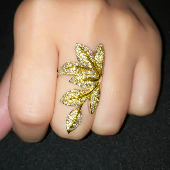 Wholesale Women's Light Luxury Copper Ring With Zircon And Flower Leaf Design