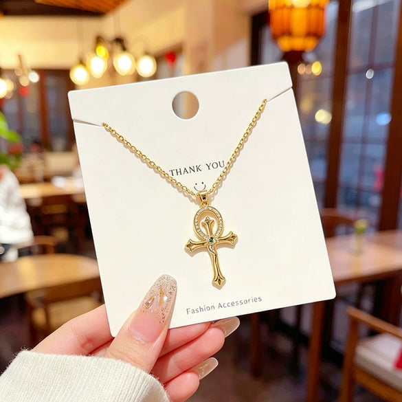 Wholesale Women's Light Luxury Cross Snakeshaped Titanium Steel Necklace With Zircon Inlay