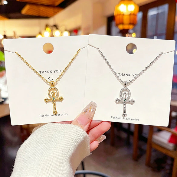 Wholesale Women's Light Luxury Cross Snakeshaped Titanium Steel Necklace With Zircon Inlay
