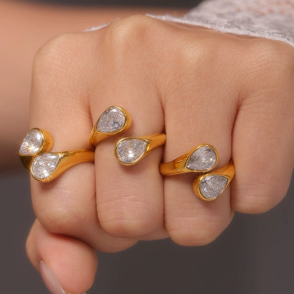 Wholesale Women's Light Luxury Double Water Drop Opening Ring Jewelry 3A Zircon Titanium Steel Pvd Plating 18K Real Gold Color