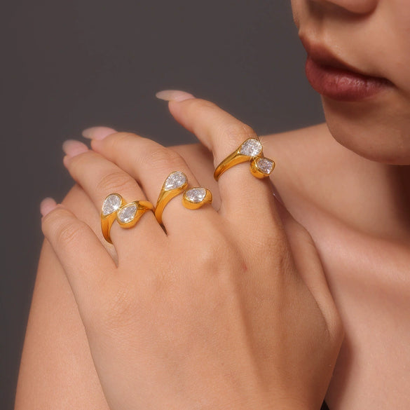 Wholesale Women's Light Luxury Double Water Drop Opening Ring Jewelry 3A Zircon Titanium Steel Pvd Plating 18K Real Gold Color