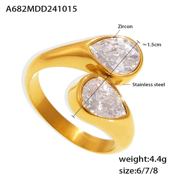 Wholesale Women's Light Luxury Double Water Drop Opening Ring Jewelry 3A Zircon Titanium Steel Pvd Plating 18K Real Gold Color