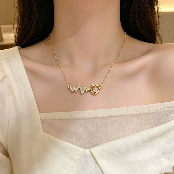 Wholesale Women's Light Luxury Electrocardiogram Heart Shaped Titanium Steel And Copper Inlaid With Zircon Necklace With Oshaped Chain And Color Retention Enhancement