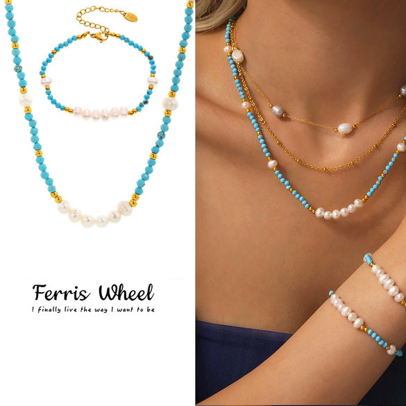 Wholesale Women's Light Luxury Electroplated Pine Stone And Freshwater Pearl Ferris Wheel Clavicle Bracelet And Jewelry Set