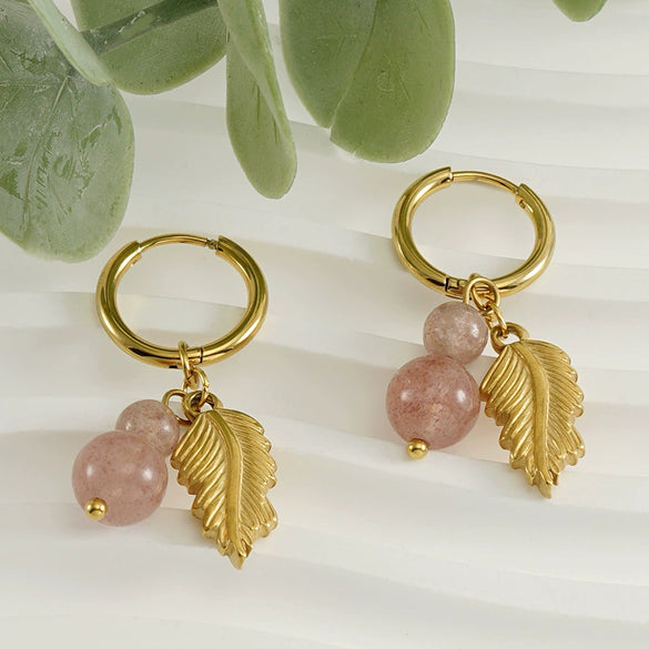 Wholesale Women's Light Luxury Electroplated Stainless Steel Feather And Sea Urchin Stone Earrings