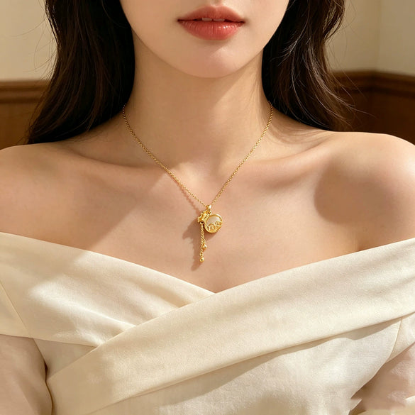 Wholesale Women's Light Luxury Electroplated Titanium Steel And Copper Tassel Money Bag Pendant Oshaped Chain Necklace