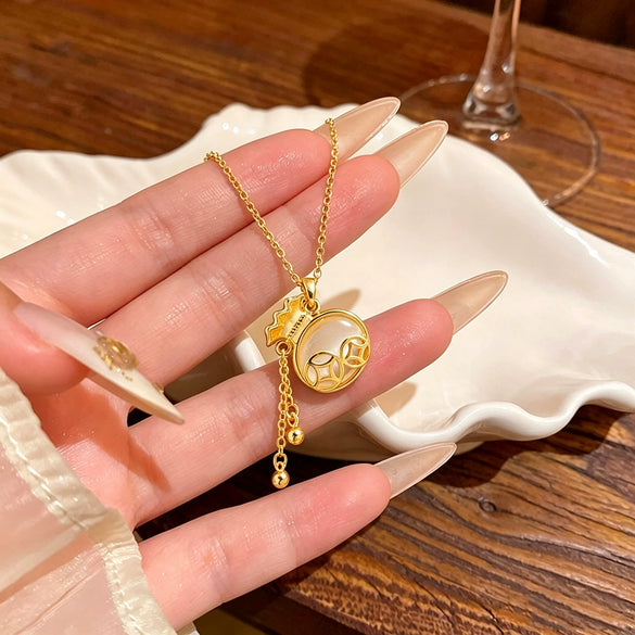 Wholesale Women's Light Luxury Electroplated Titanium Steel And Copper Tassel Money Bag Pendant Oshaped Chain Necklace