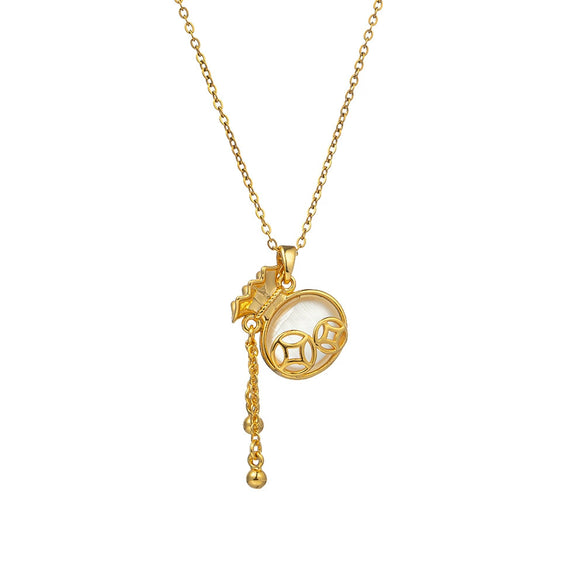 Wholesale Women's Light Luxury Electroplated Titanium Steel And Copper Tassel Money Bag Pendant Oshaped Chain Necklace