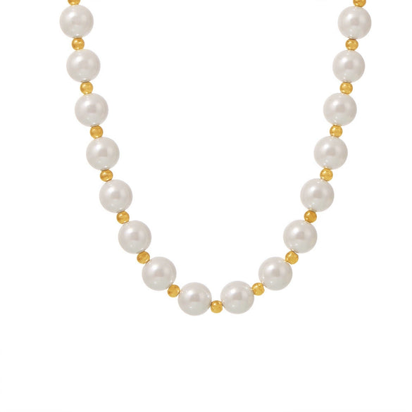 Wholesale Women's Light Luxury Elegant Imitation Pearl Collarbone Necklace With 12Mm Large Beads Geometric Pattern Stainless Steel Electroplated