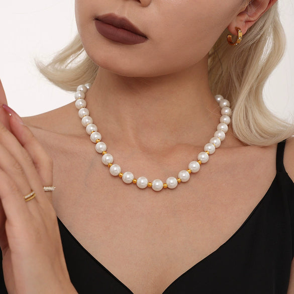 Wholesale Women's Light Luxury Elegant Imitation Pearl Collarbone Necklace With 12Mm Large Beads Geometric Pattern Stainless Steel Electroplated