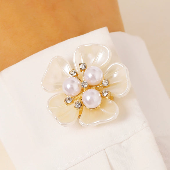 Wholesale Women's Light Luxury Floral Copper Shirt Cufflinks And Collar Buttons Set With Pearls