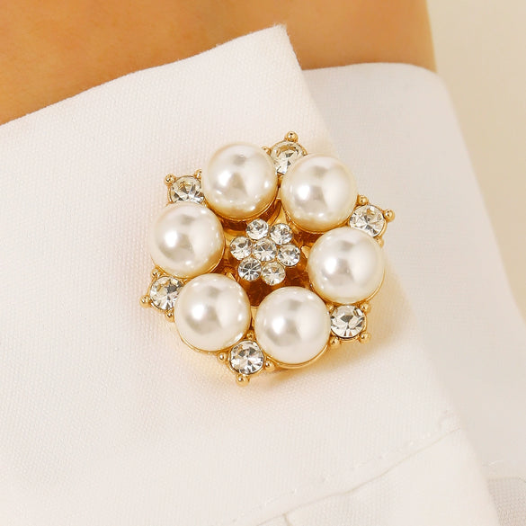 Wholesale Women's Light Luxury Floral Copper Shirt Cufflinks And Collar Buttons Set With Pearls