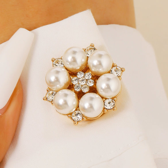 Wholesale Women's Light Luxury Floral Copper Shirt Cufflinks And Collar Buttons Set With Pearls