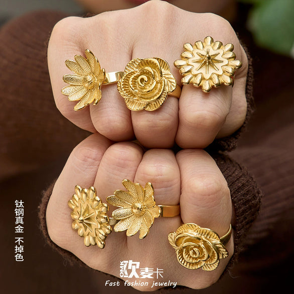 Wholesale Women's Light Luxury Floralshaped Stainless Steel Electroplated Open Ring Set