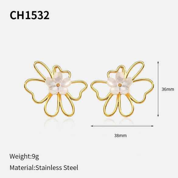 Wholesale Women's Light Luxury Flower Pattern Stainless Steel Earrings With Pvd Furnace Vacuum Real Gold Plating
