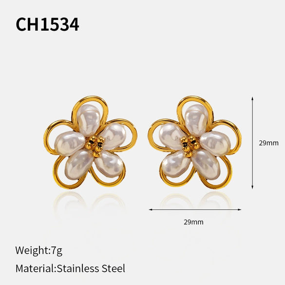 Wholesale Women's Light Luxury Flower Pattern Stainless Steel Earrings With Pvd Furnace Vacuum Real Gold Plating