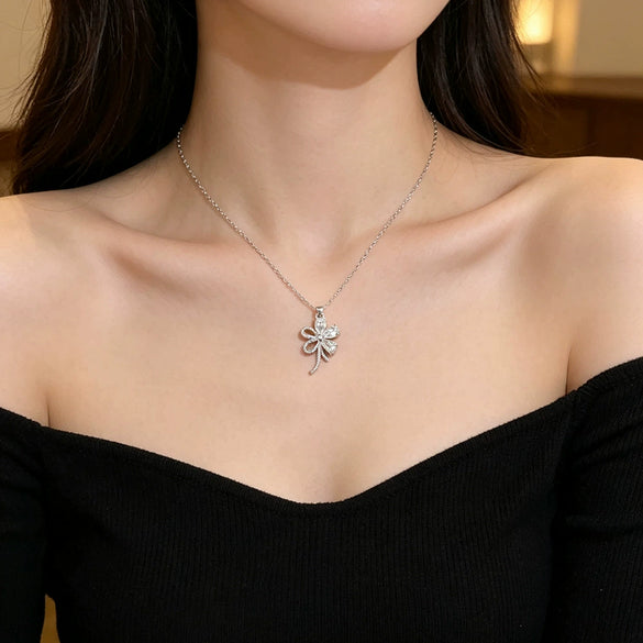 Wholesale Women's Light Luxury Flower Shaped Titanium Steel Necklace With Copper Inlaid Zircon Pendant And Oshaped Chain