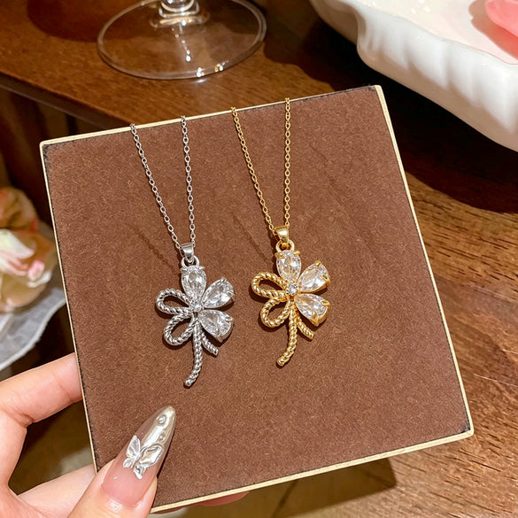 Wholesale Women's Light Luxury Flower Shaped Titanium Steel Necklace With Copper Inlaid Zircon Pendant And Oshaped Chain