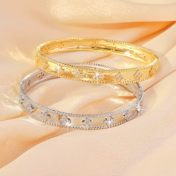 Wholesale Women's Light Luxury Four Leaf Clover Flower Tube Bracelet Copper 18K Rose Gold Plated