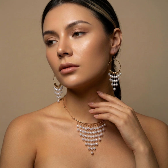 Wholesale Women's Light Luxury Geometric Alloy Pearl Tassel Pendant Necklace And Earring Set With Electroplating