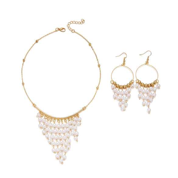 Wholesale Women's Light Luxury Geometric Alloy Pearl Tassel Pendant Necklace And Earring Set With Electroplating