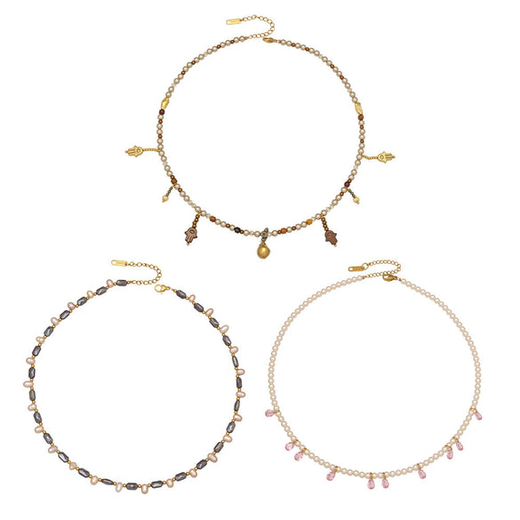 Wholesale Women's Light Luxury Geometric Beaded And Stainless Steel Inlaid Pearl Handmade Choker Necklace Set