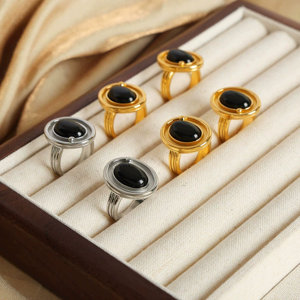 Wholesale Women's Light Luxury Geometric Black Agate Ring Stainless Steel 18K Gold Plated
