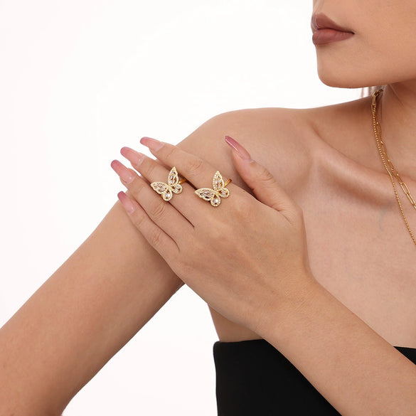 Wholesale Women's Light Luxury Geometric Butterfly Fairy Zircon Copper 18K Gold Plated Open Ring
