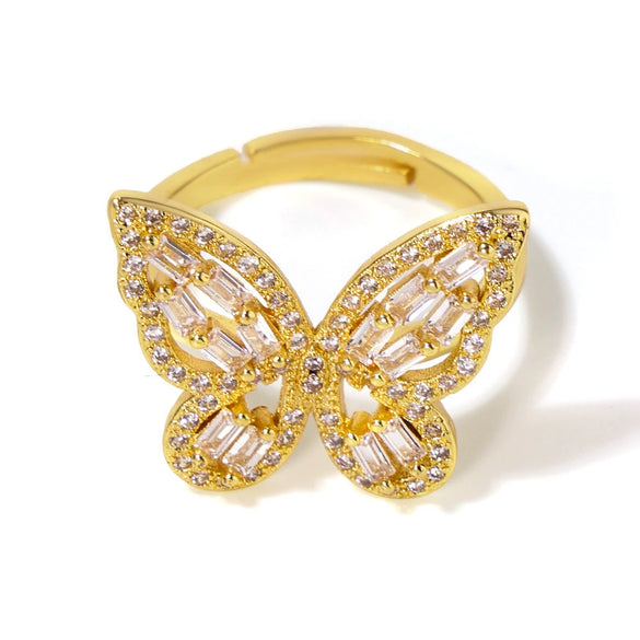 Wholesale Women's Light Luxury Geometric Butterfly Fairy Zircon Copper 18K Gold Plated Open Ring