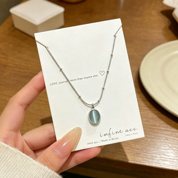 Wholesale Women's Light Luxury Geometric Cat's Eye Stone Titanium Steel Necklace With Zirconia Design And 18K Vacuum Electroplating