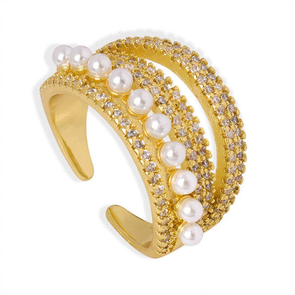 Wholesale Women's Light Luxury Geometric Copper Open Ring Jewelry With Imitation Pearl And Zircon Inlay