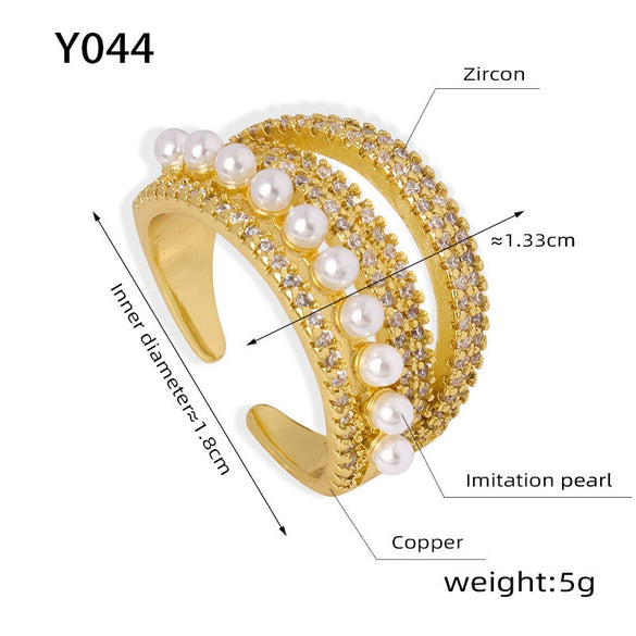 Wholesale Women's Light Luxury Geometric Copper Open Ring Jewelry With Imitation Pearl And Zircon Inlay