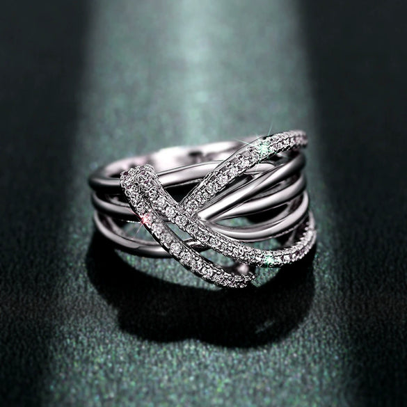 Wholesale Women's Light Luxury Geometric Copper Zircon Irregular Multicircle Winding Ring Jewelry