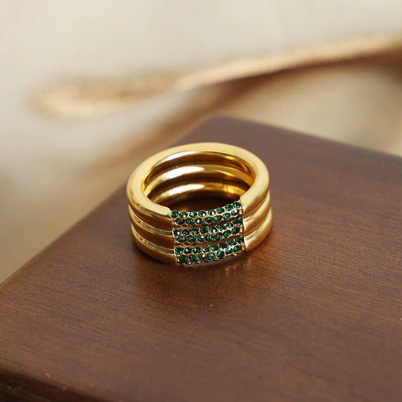 Wholesale Women's Light Luxury Geometric Czech Diamond 316L Stainless Steel Gold Plated Multilayer Ring Jewelry