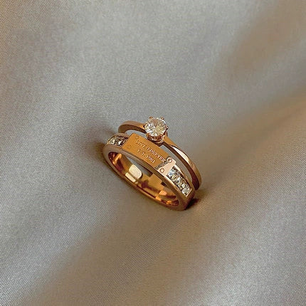 Wholesale Women's Light Luxury Geometric Doublelayer Gem Titanium Steel Electroplated Round Ring