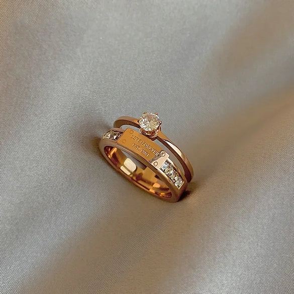 Wholesale Women's Light Luxury Geometric Doublelayer Gem Titanium Steel Electroplated Round Ring